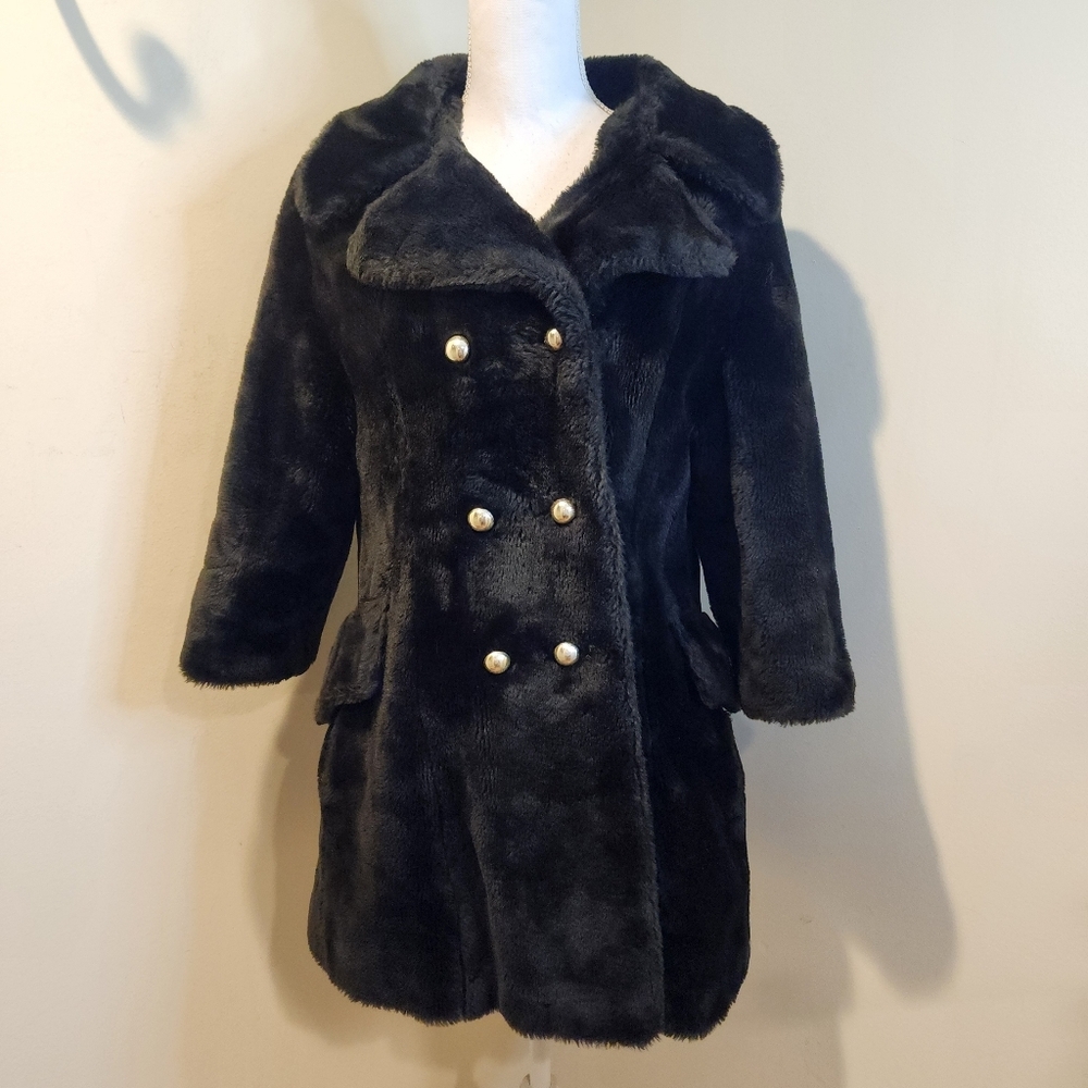 Vintage  Black Faux Fur Coat with Pearl Buttons Fits Small